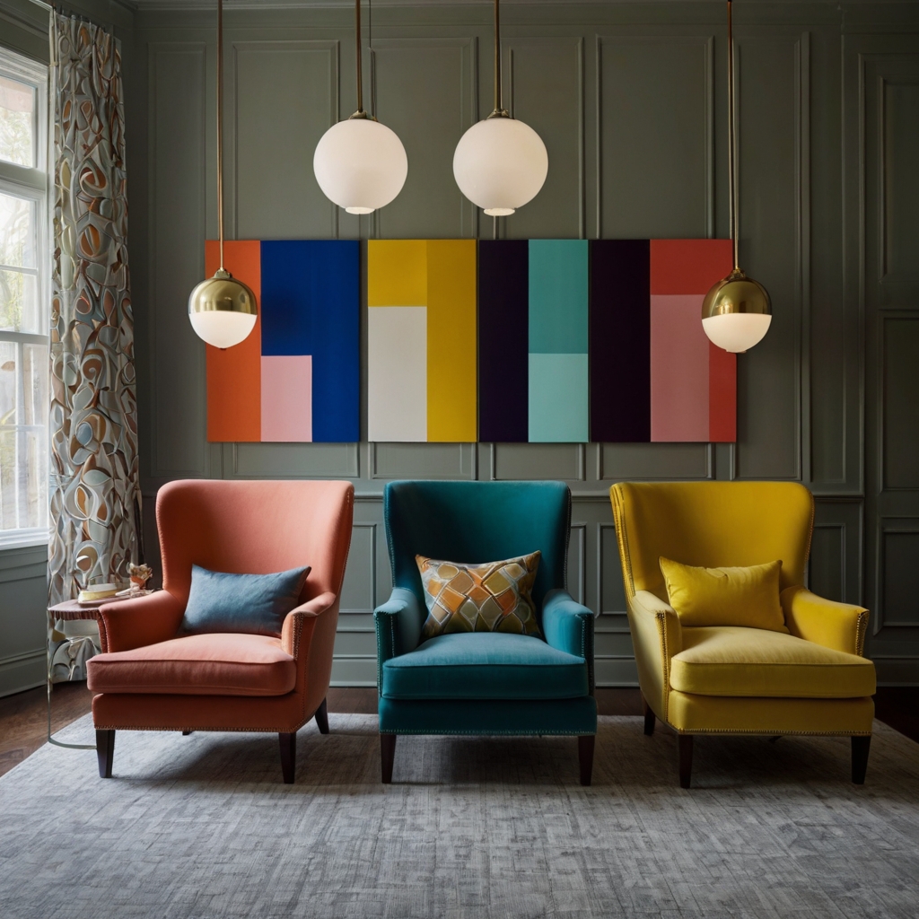 Painted chairs in custom color palettes perfectly match the room's decor. Soft lighting highlights the smooth finishes and vibrant colors, adding a personalized touch.