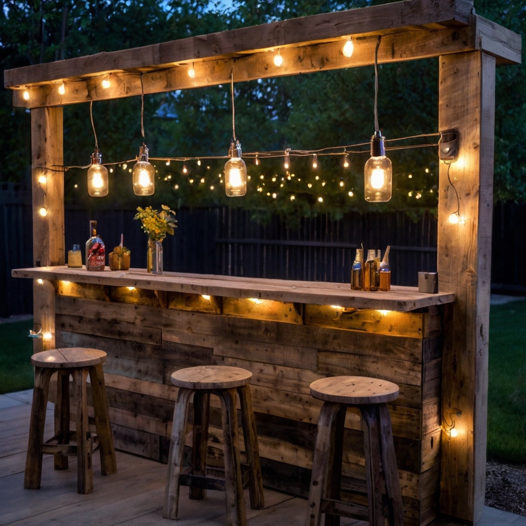 Wooden pallet bar built with rustic planks stands under hanging lights. Glasses and mixers line shelves for outdoor gatherings.