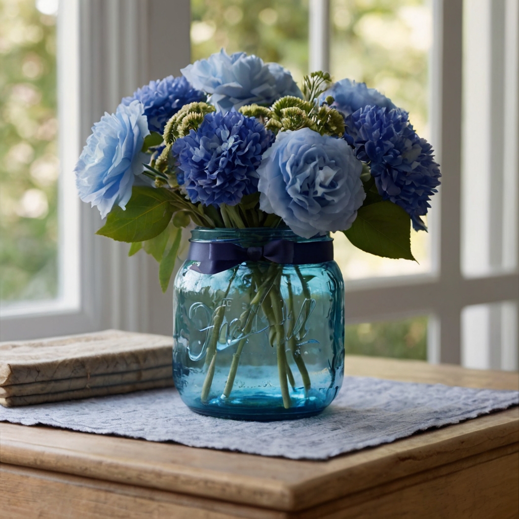 Blue flowers in ribbon-wrapped jars deliver DIY charm with a warm, handmade touch. The lighting casts soft shadows, highlighting the sweet imperfection and personal style.