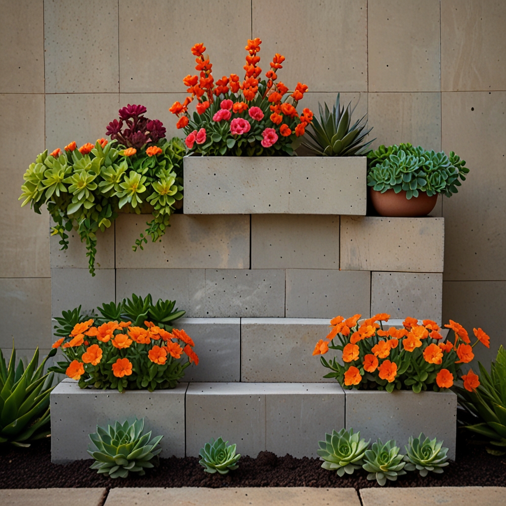 Cinder block wall holds bright blooms in stepped cavities. Midday sun flattens contrast, while upward angle shows structure.