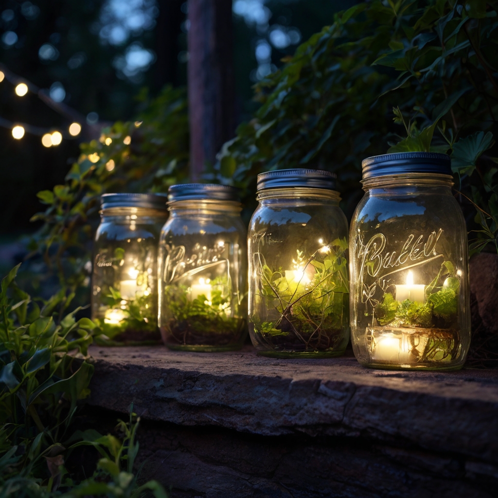 Mason jars glow with fairy lights along brick steps and fences. Soft sparkles shimmer through frosted glass near leafy shadows.