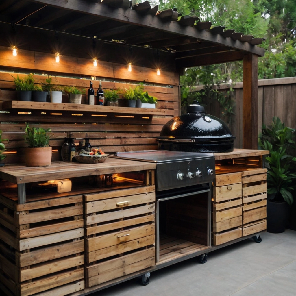 A DIY BBQ space with reclaimed wood counters and concrete block grills. LED strip lighting adds a modern touch.