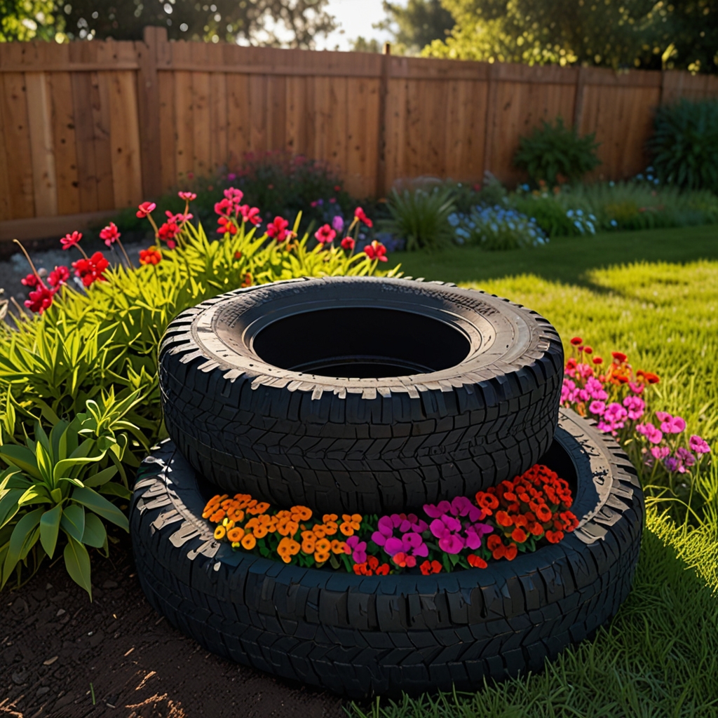 Painted tires overflow with flowers in an asymmetrical front yard design. Drone view highlights vibrant hues and grassy pattern.