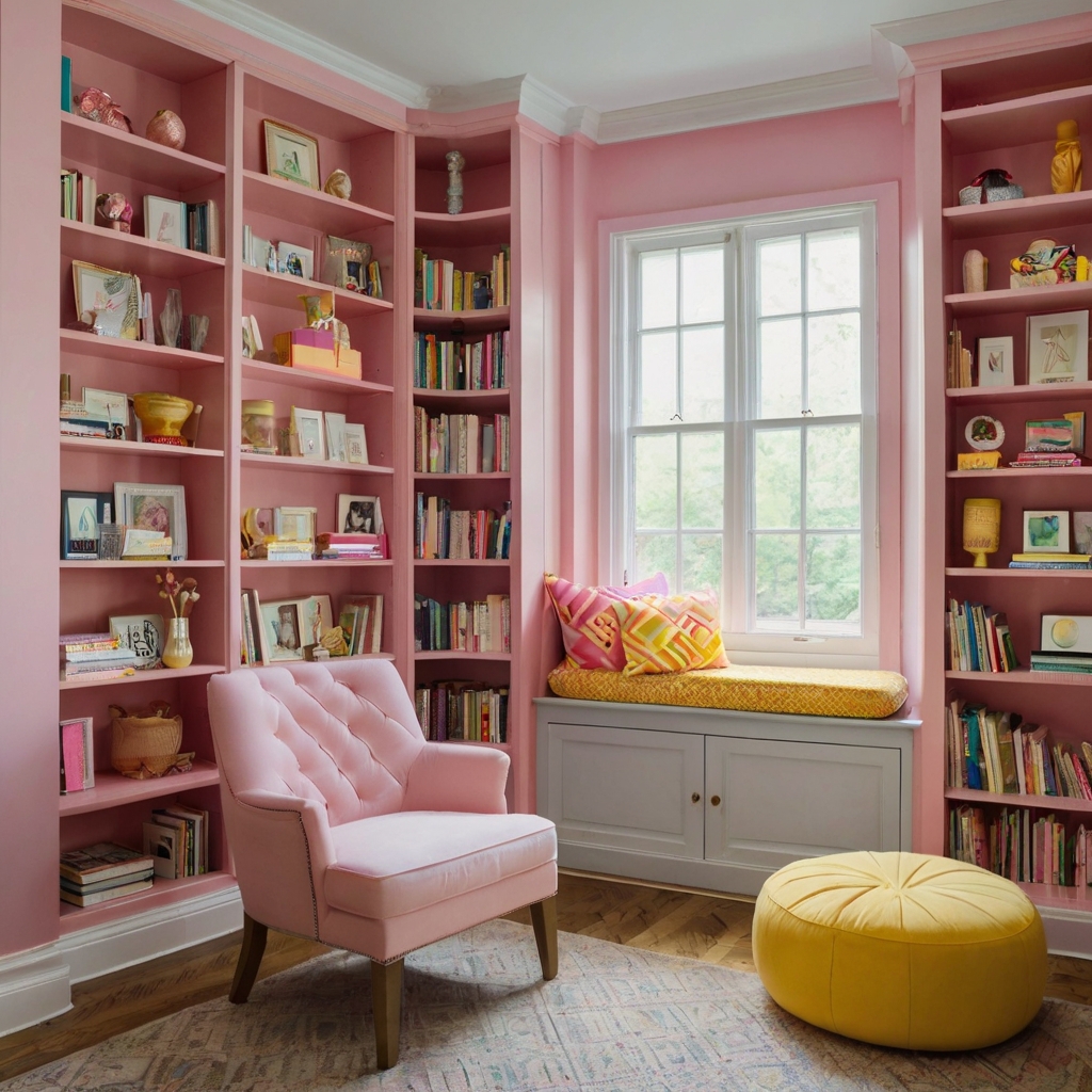Candy-colored pink and yellow book spines add whimsy and color to bookcases. These soft hues bring life to the shelves, making them a focal point in the room.
