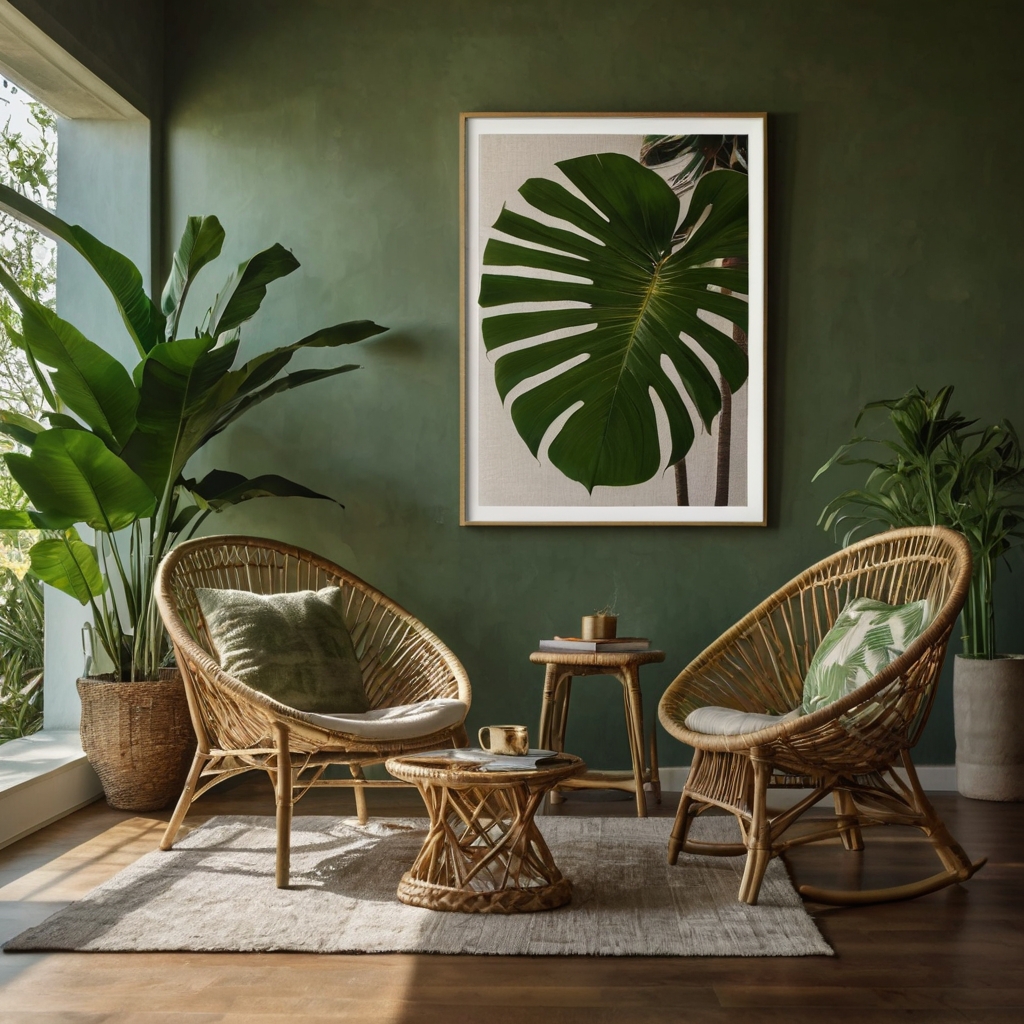 Palm leaf prints framed above a white couch. Brings tropical vibes into a light-filled summer setting.