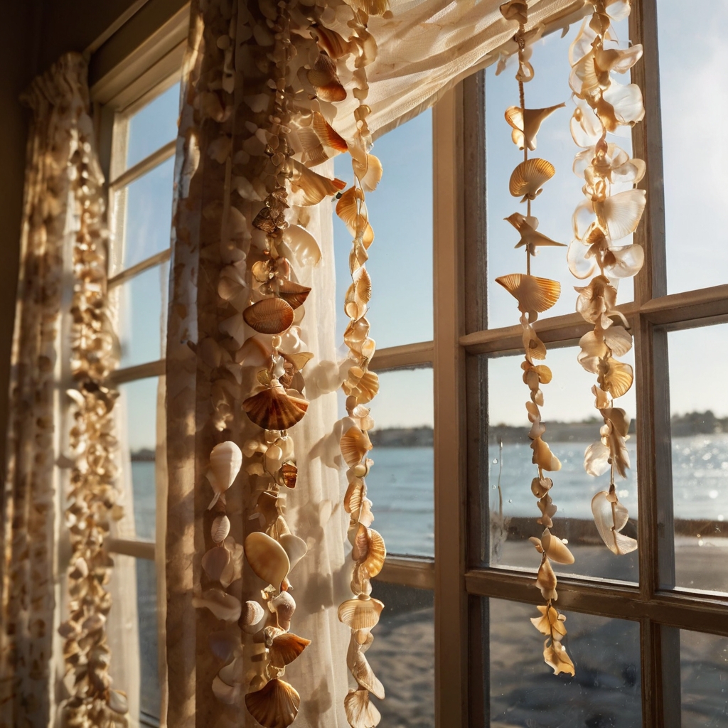 Seashell garlands hang across a white wall. They bring coastal textures and playful summer flair.