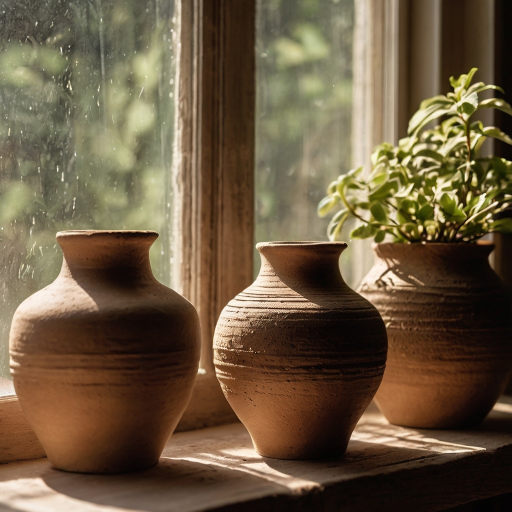 Handcrafted clay vases sit on sun-drenched windowsills inside a relaxed boho bedroom. Rough textures and organic shapes catch warm, natural light.