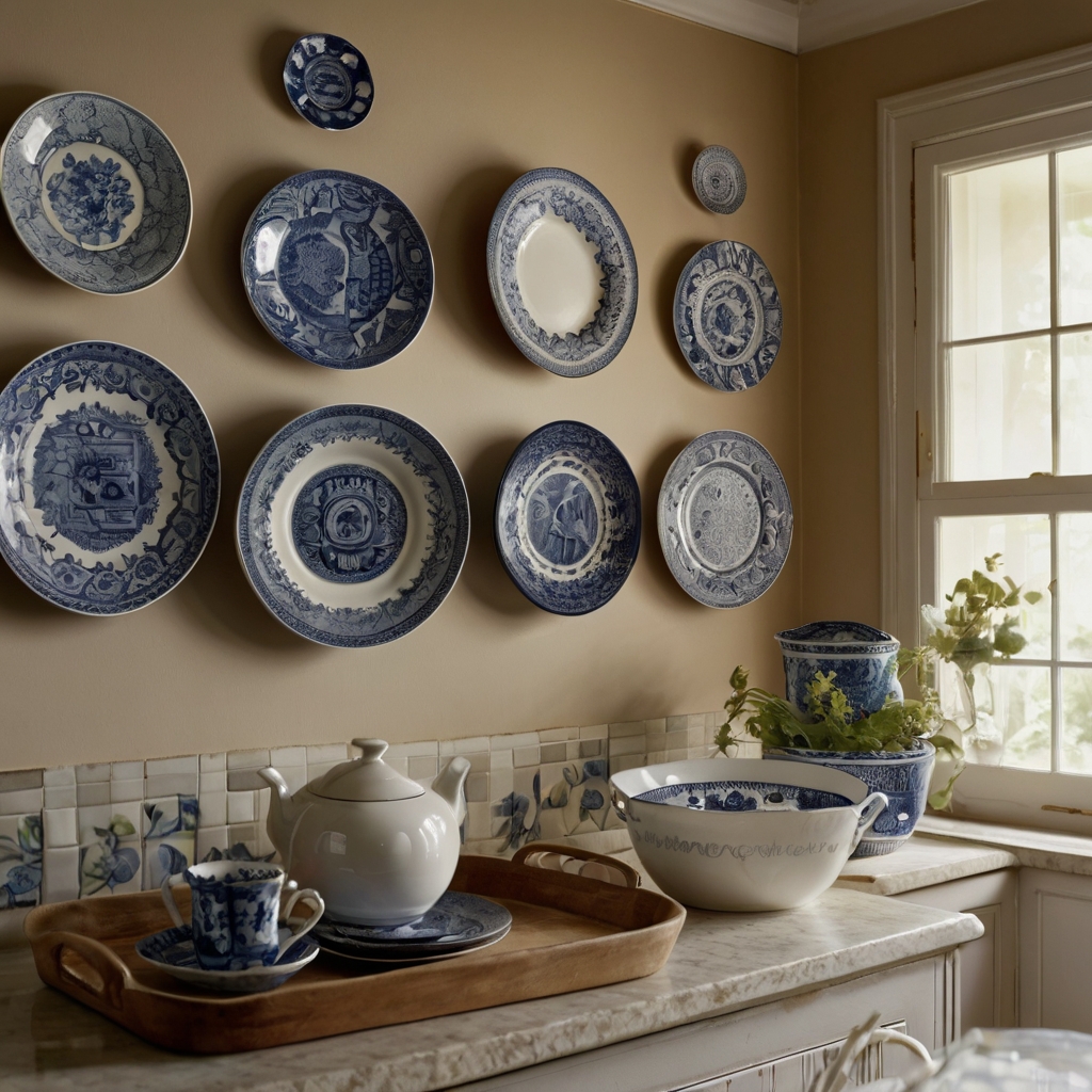 Decorative plate walls add a unique and charming focal point to the kitchen. Soft light highlights the intricate patterns and textures of the plates, adding visual interest.