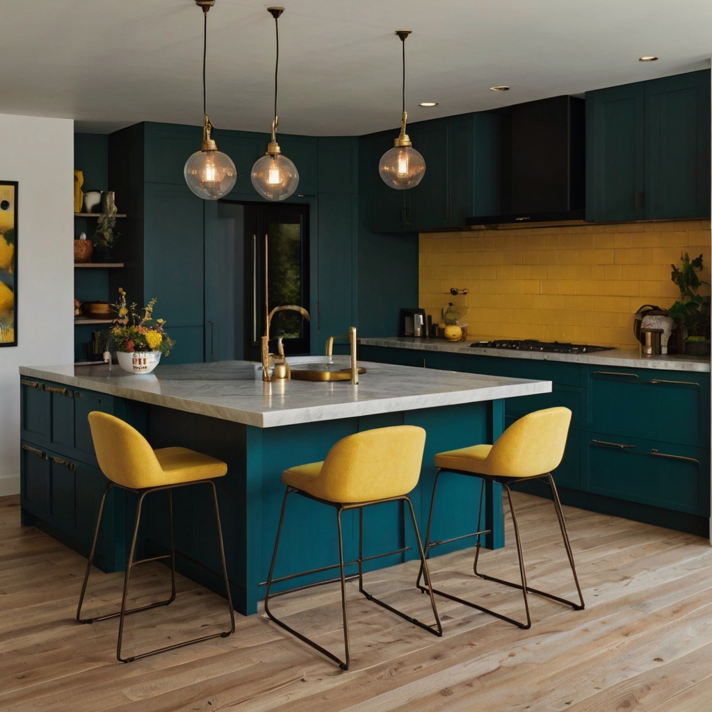 Deep teal cabinets with bold yellow stools, illuminated by overhead warm bulbs. A vibrant color mix radiates creativity and energy.