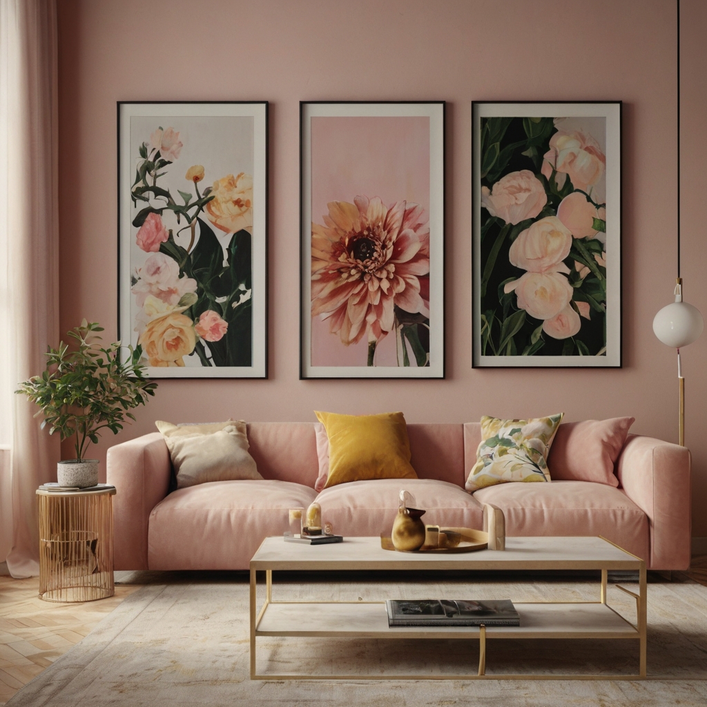 Blush and sunlit yellow tones in gallery walls add sophistication and energy. Unique, randomly shaped frames create an eclectic, dynamic space for art lovers.