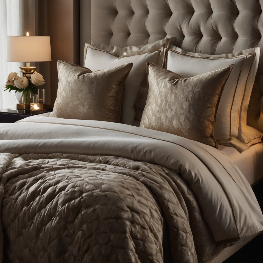 Layered cashmere throws and silk sheets dress the designer bed. Sumptuous textures create hotel-style comfort and elegance.