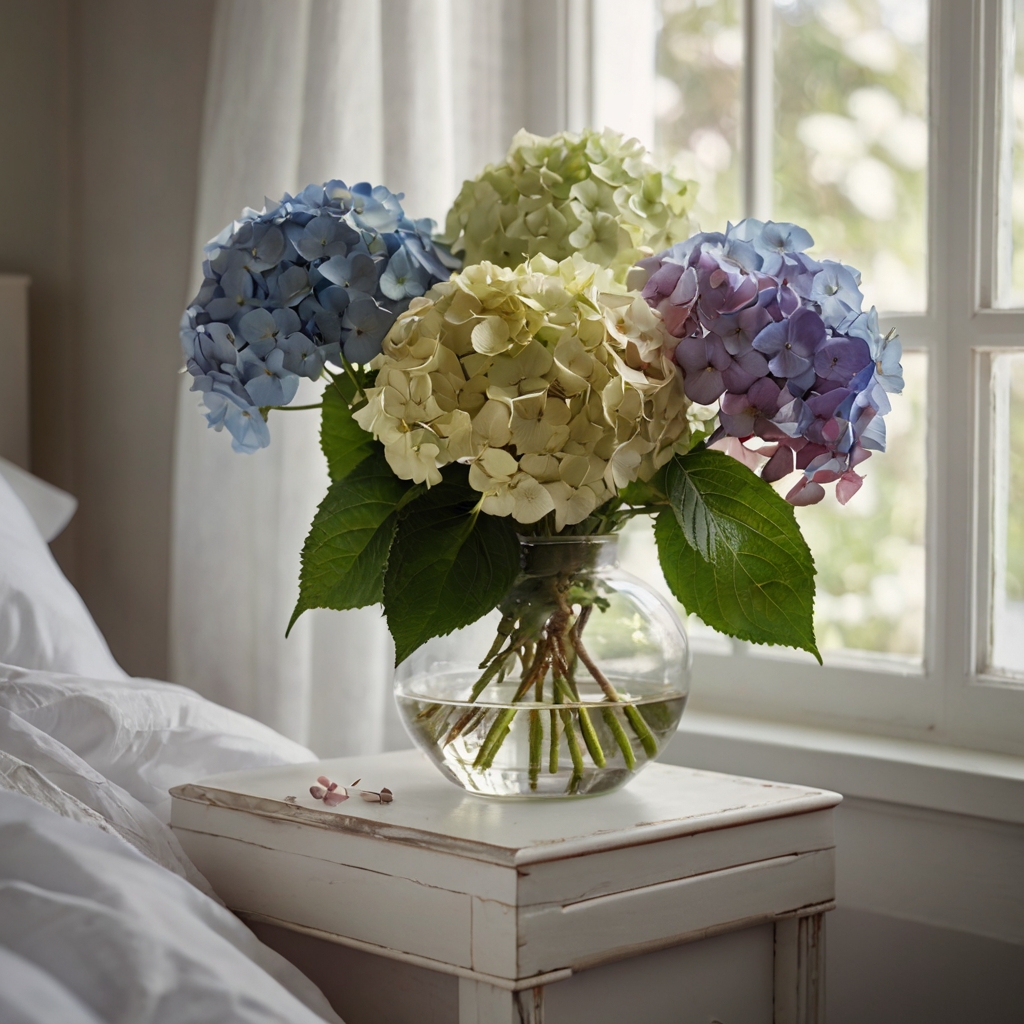 Fresh flower bouquets in soft colors sit on a wooden table. Natural light brings out their vibrant tones.