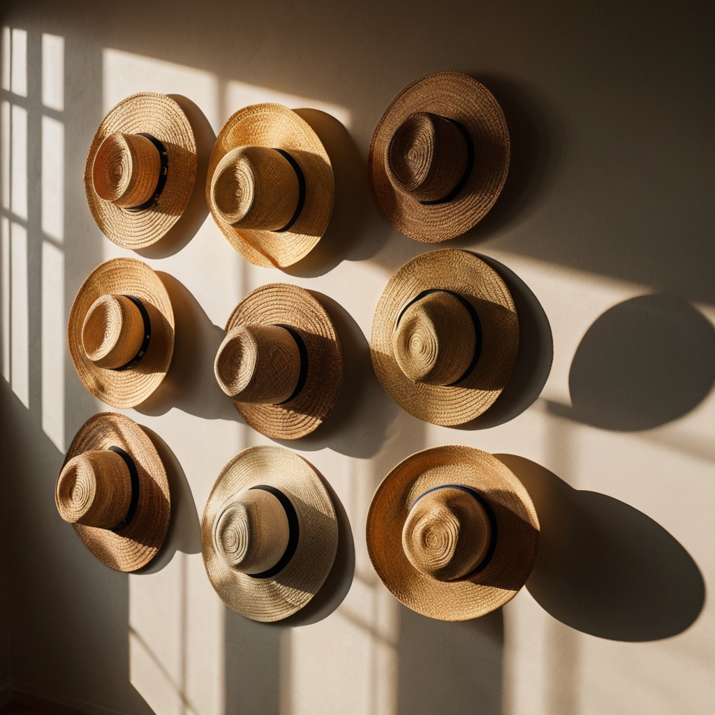 Woven sun hats arranged artistically on the wall. A fun and functional nod to sunny days.