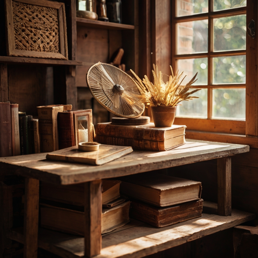A rustic mirror, old books, and handwoven baskets scatter around a sunlit boho bedroom. Vintage treasures and artisan pieces create relaxed beauty.