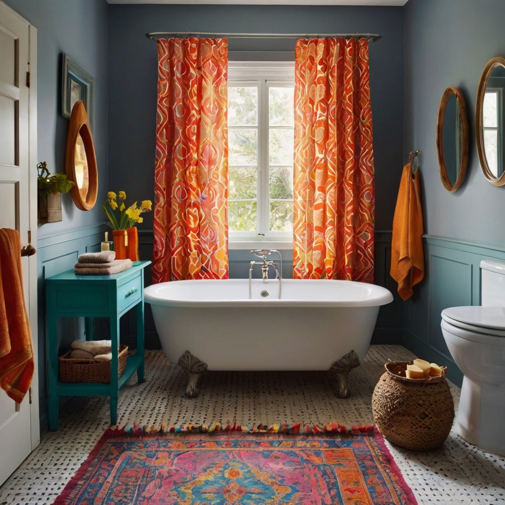 Vibrant accents like a colorful shower curtain, patterned towels, and a bold rug inject energy into this bathroom. Soft lighting creates a balanced, lively atmosphere.