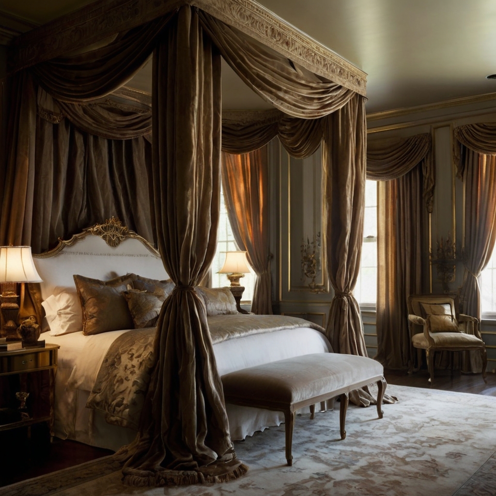 Velvet canopy drapes cascade around a majestic bed frame. Adds theater, intimacy, and royal elegance to the room.