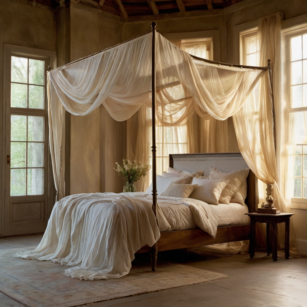 Soft, gauzy white canopies cascade above a rustic boho bed, swaying in gentle daylight. Fabric layers create a dreamy desert palace vibe.