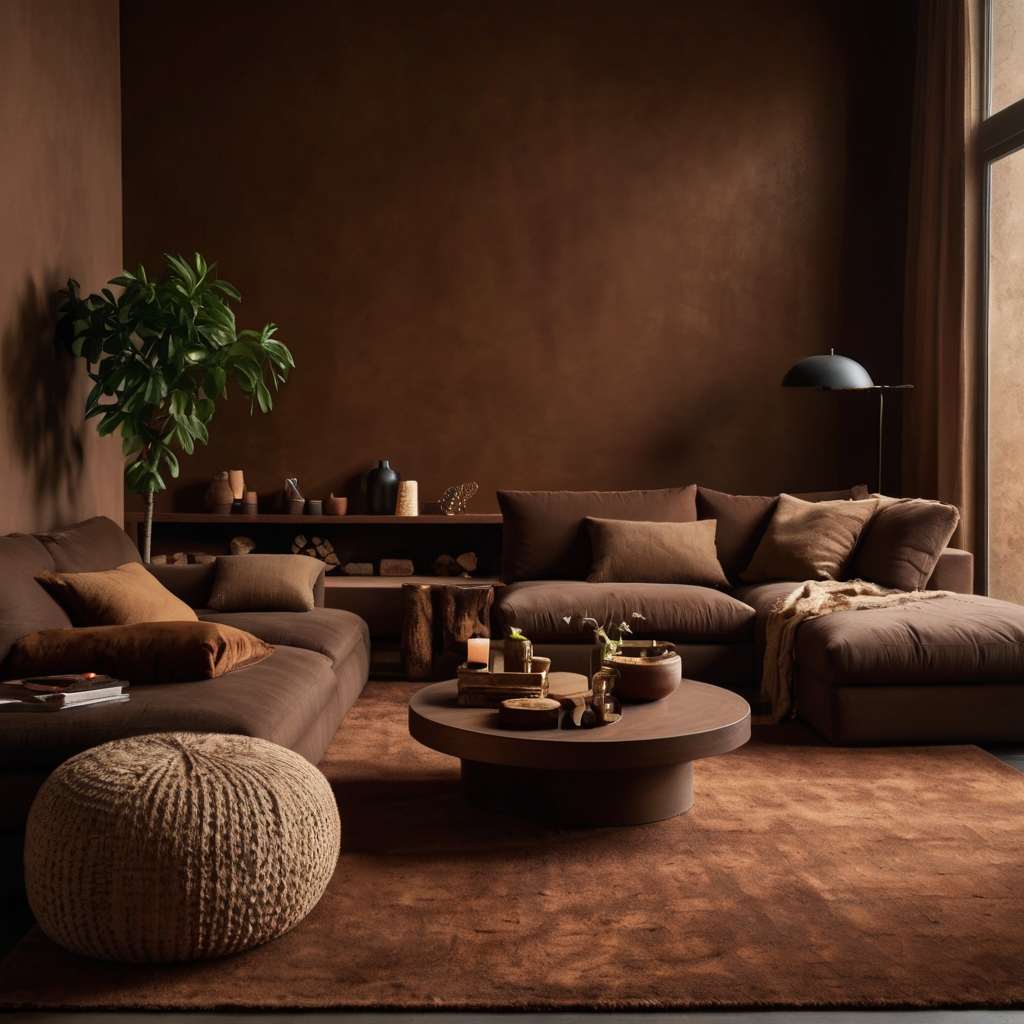 Chocolate seating blends with earth-toned walls and cinnamon rugs. Soft light enhances cozy natural textures.
