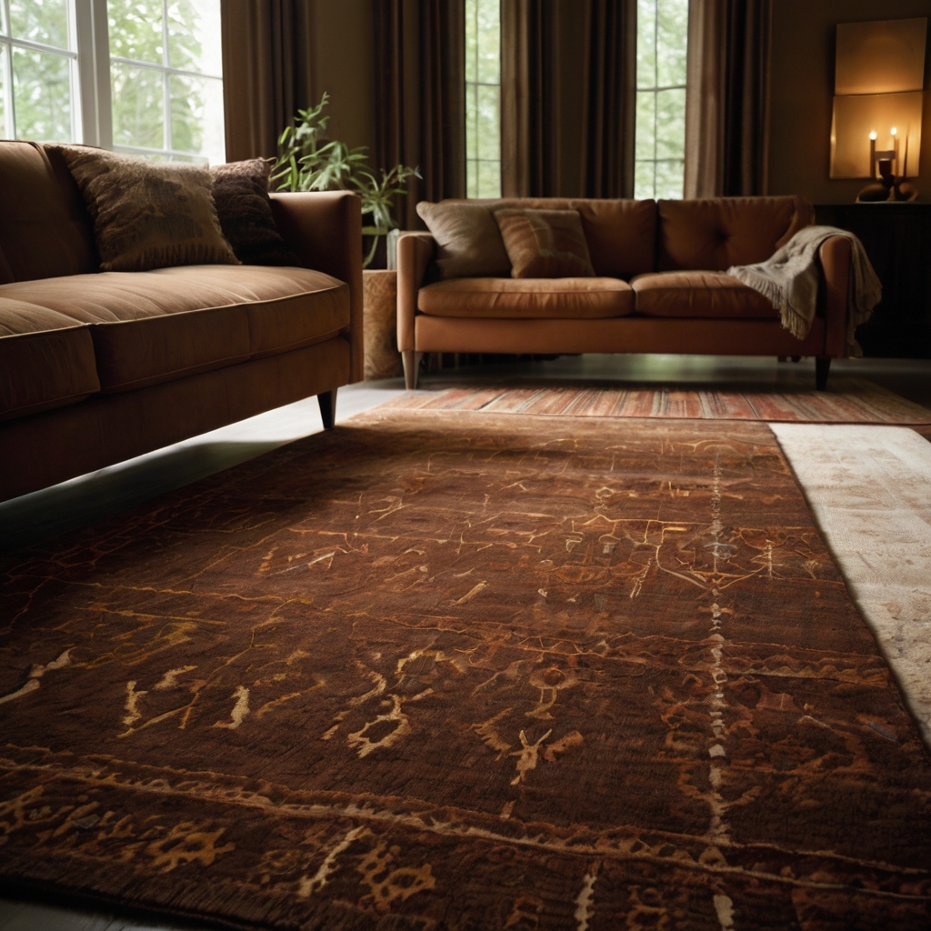 Layered earthy rugs beneath a chocolate couch bathed in soft daylight. Rug textures and tones ground the cozy interior.