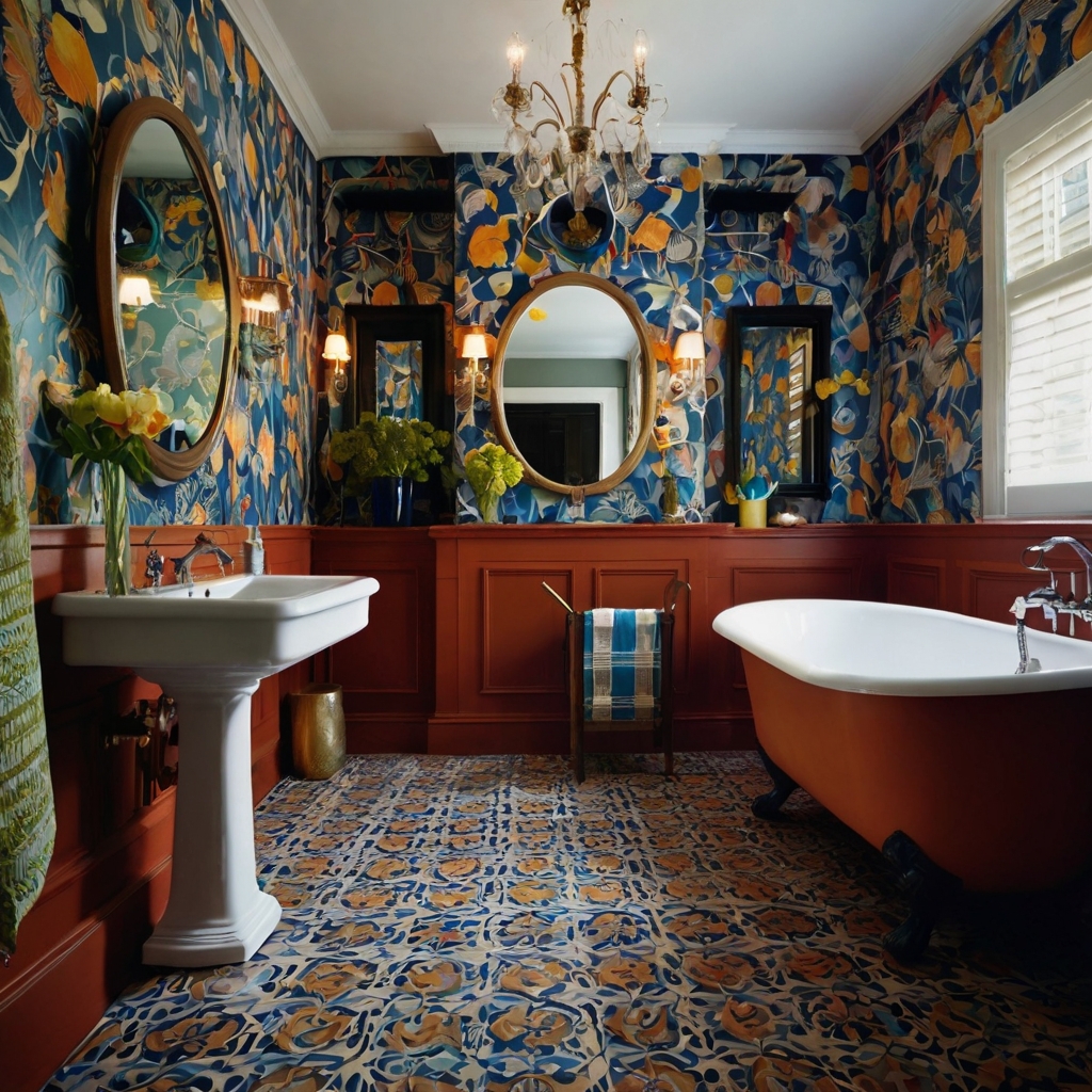 Eclectic bathroom with bold wallpaper, mismatched tiles, and artistic mirrors. Soft ambient lighting adds harmony to the layered space.