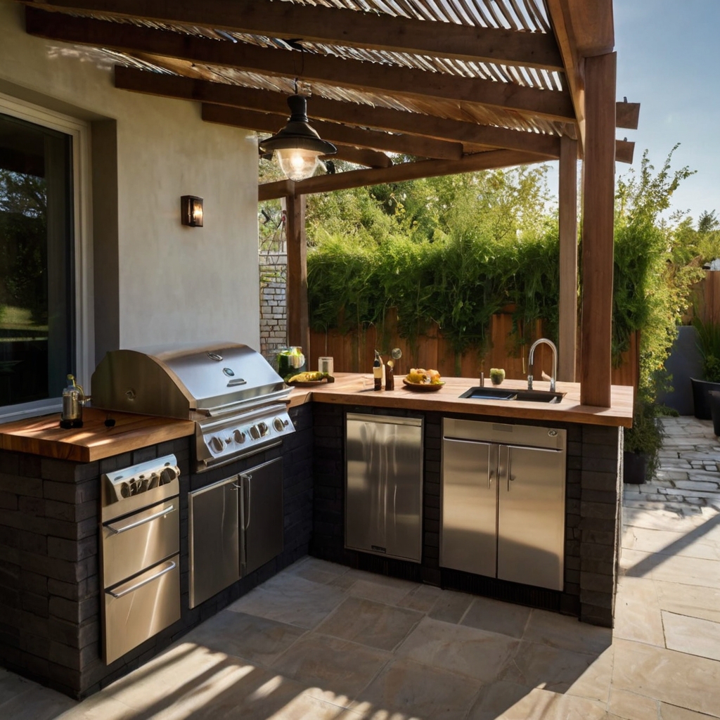 A sustainable BBQ kitchen with solar-powered lights and reclaimed wood counters. Energy-efficient grills reduce fuel consumption.