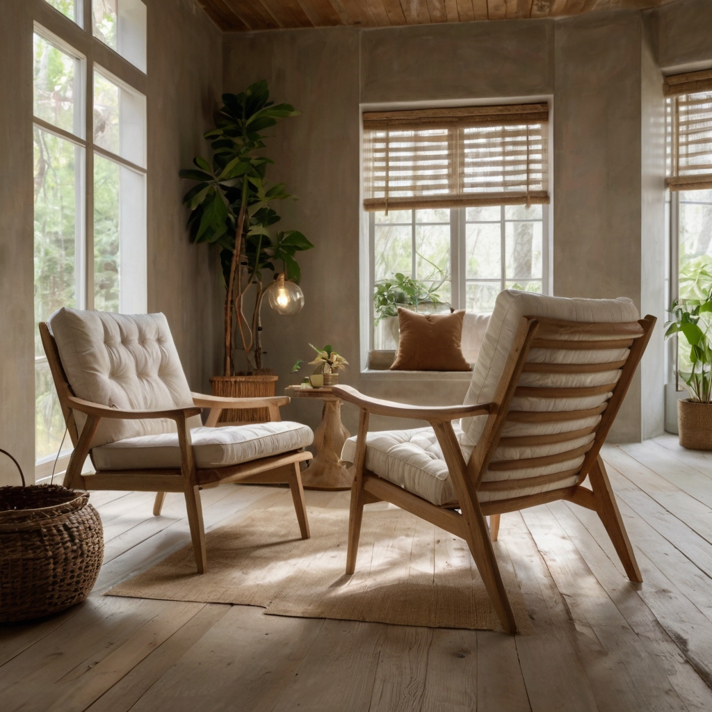Eco-friendly painted chairs in natural tones highlight sustainable materials in a stylish living room. Soft, warm lighting emphasizes their non-toxic paint and wooden texture.