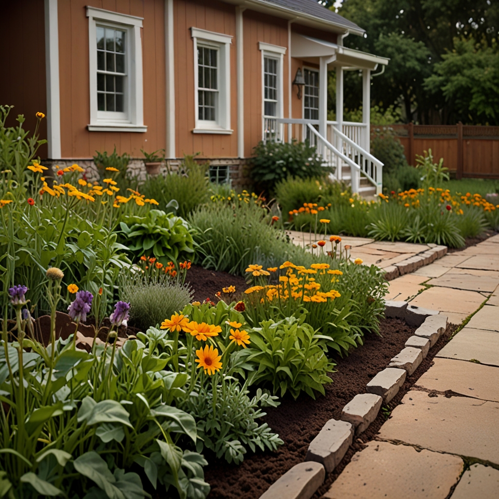 Defined rows of basil, marigold, and calendula fill front yard. Textured leaves shine under sun, neutral siding background.
