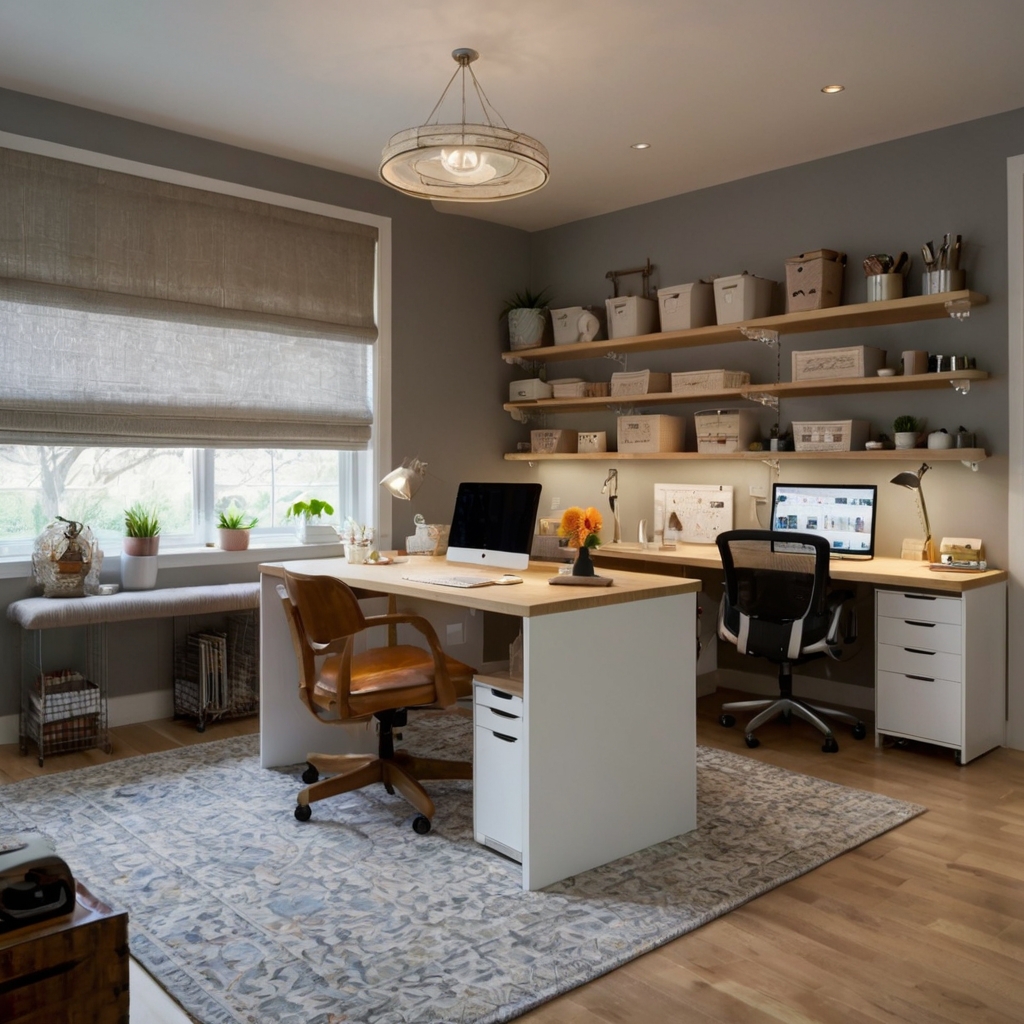 A well-structured craft room with designated work zones and clean lines. Overhead lighting highlights the space's organization, promoting productivity and clarity.