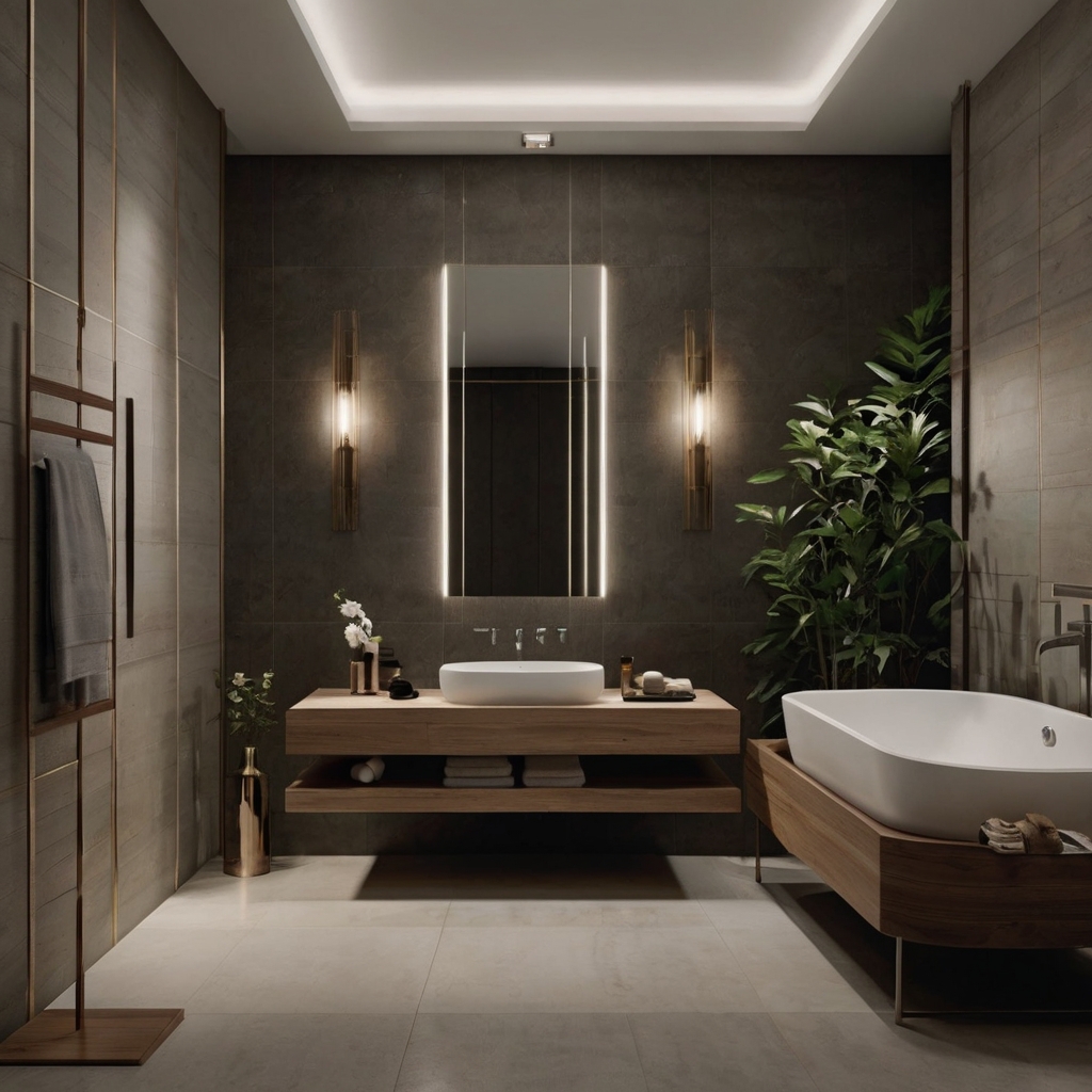Contemporary bathroom featuring smooth stone surfaces and neutral tones. Ambient lighting highlights soft curves and sleek forms.