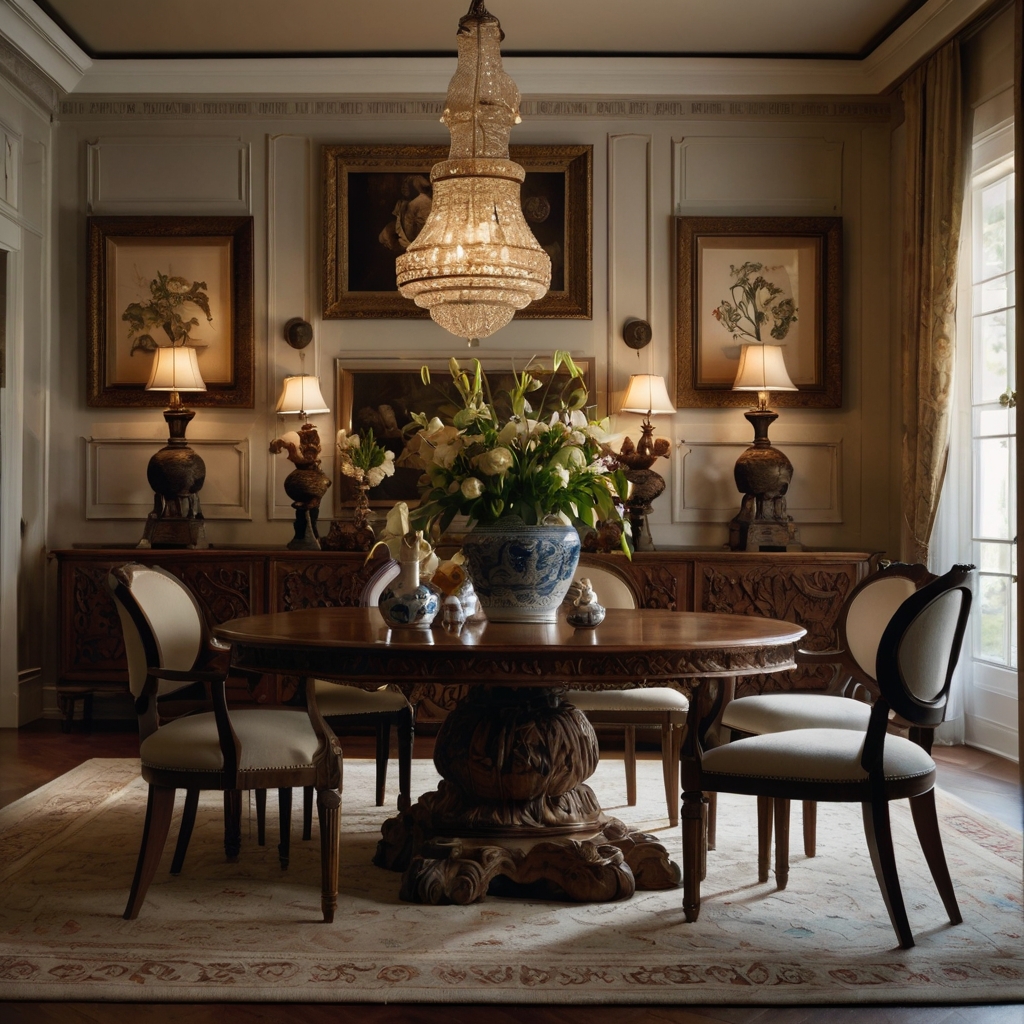 A dining room bathed in soft light, accentuating delicate antique furniture and vases. The atmosphere is sophisticated and timeless.