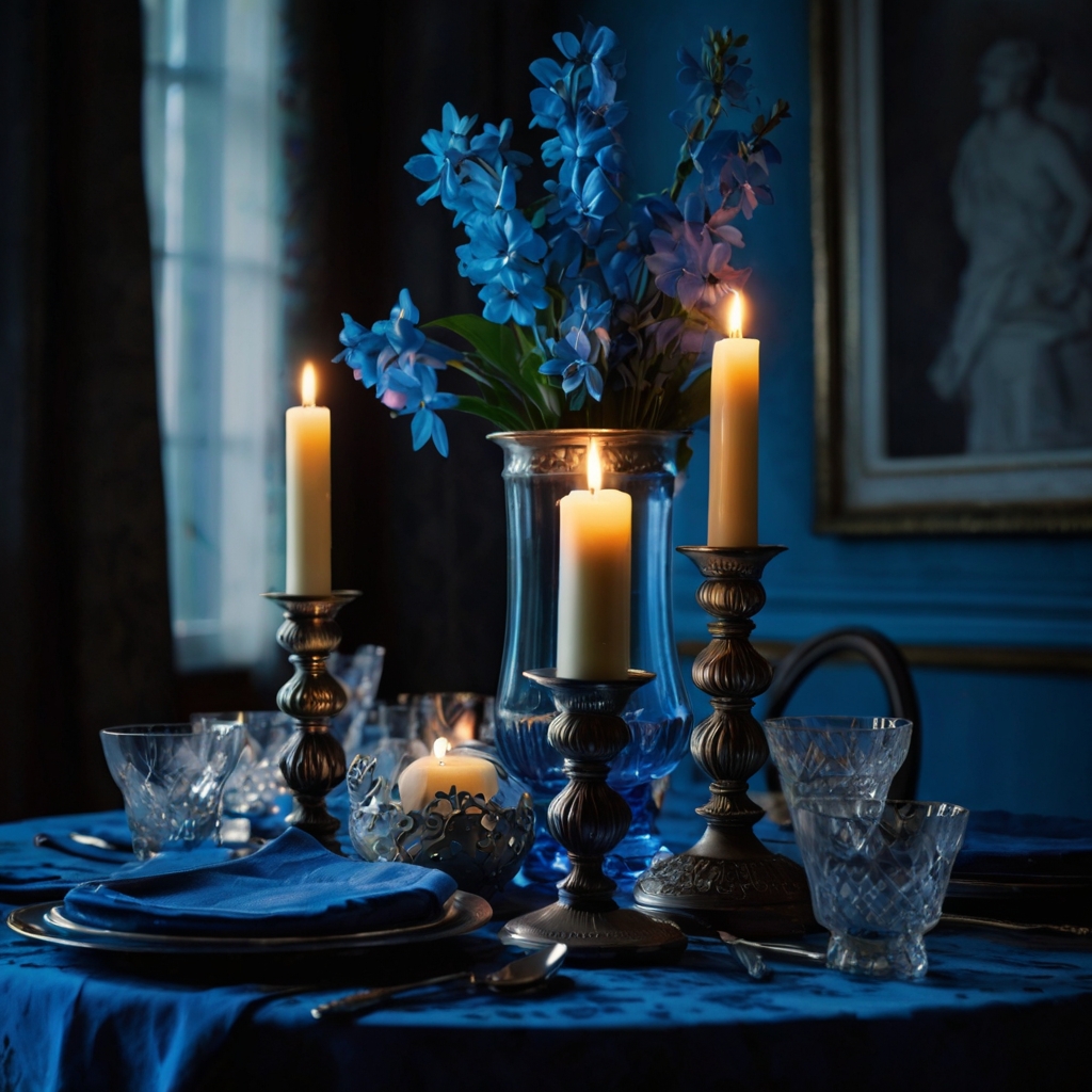 Tall candlesticks entwined with delicate blue flowers glow with flickering candlelight, soft shadows dancing nearby. The composition exudes warmth, intimacy, and floral elegance.