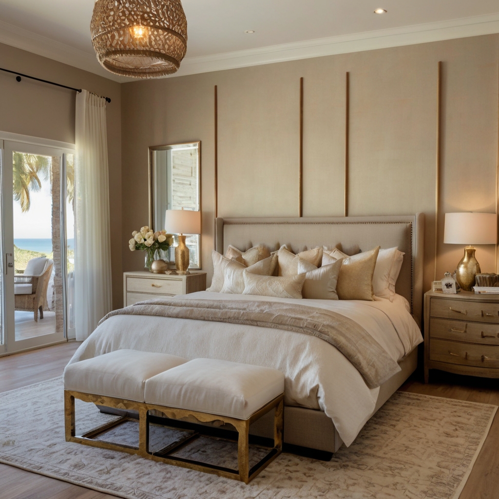 Elegant coastal room with gold hardware and ivory walls. Driftwood elements contrast with smooth, glowing surfaces.