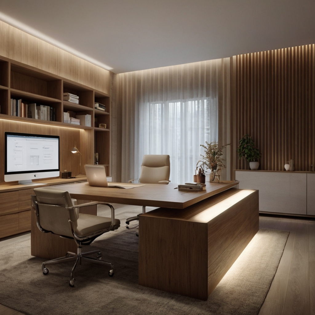 An elegant craft office with minimalist furniture and soft, ambient lighting. The neutral tones and sleek design create a peaceful and functional workspace.