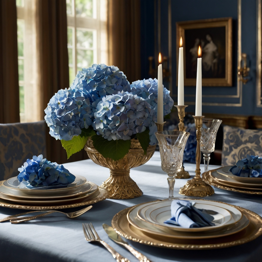 Elegant hydrangea blooms rest gracefully on a lavish tabletop, softly glowing under a golden chandelier’s warmth. Crystal glasses and silverware reflect the gentle light, enhancing the plush blue texture.