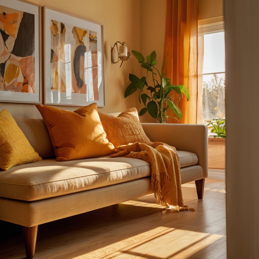 Bright summer room styled with citrus tones like yellow and orange. Soft sunlight enhances the lively, cheerful vibe.