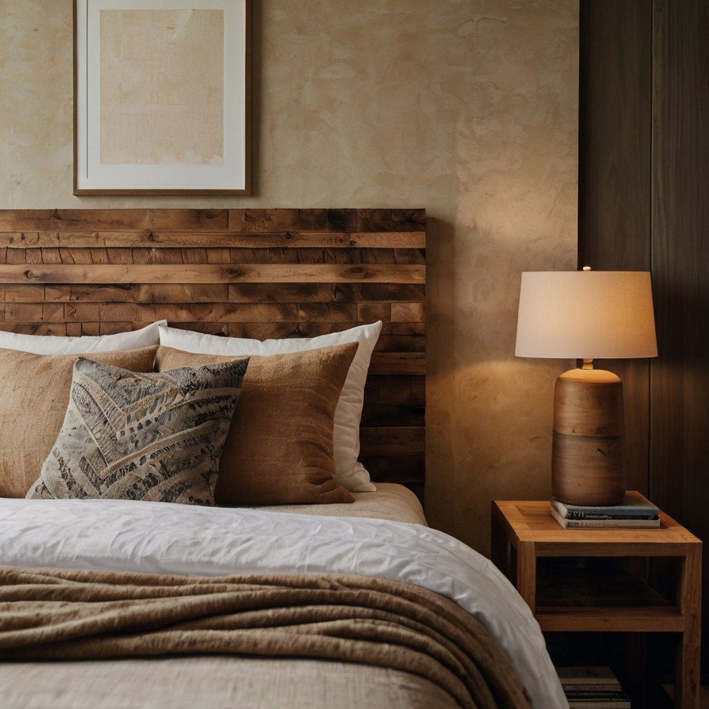 A raw wood headboard stands proudly behind cozy pillows inside a textured earthy boho bedroom. Visible grains and knots celebrate natural imperfection.