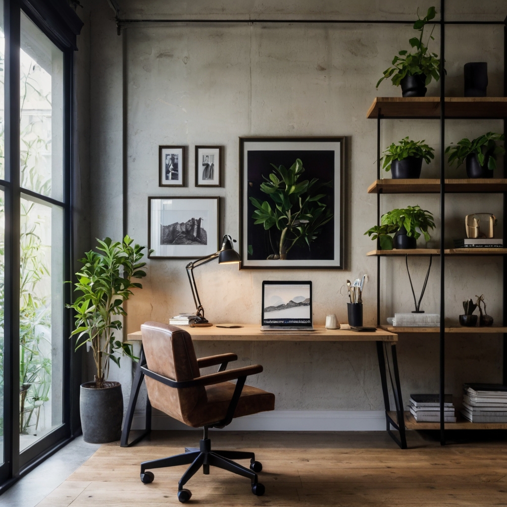 A stylish home office with ergonomic furniture and task lighting. Large windows and soft lighting create a productive, inspiring workspace.