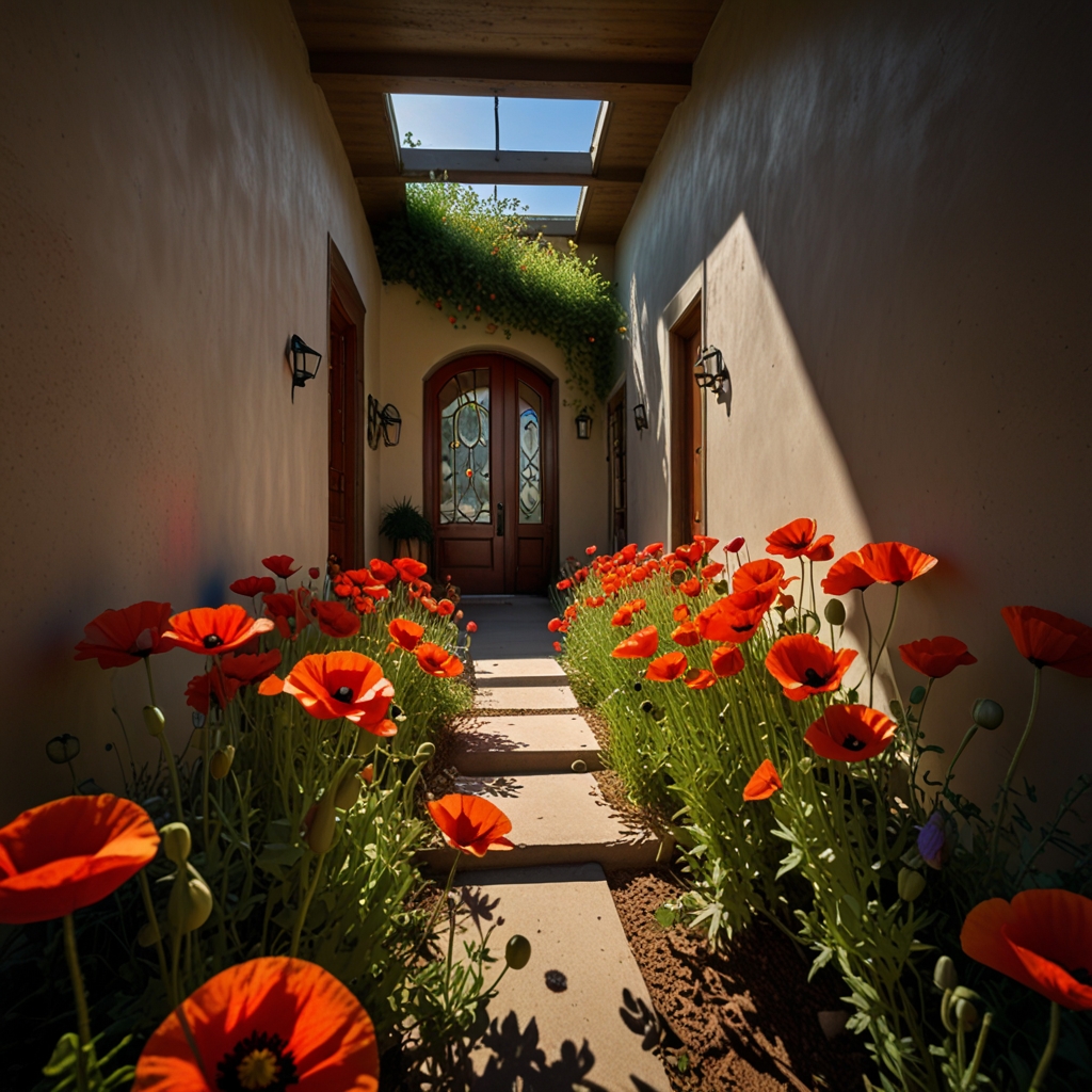 Bright red poppies burst from entryway corner under harsh light. Glowing petal edges and dramatic color heighten impact.