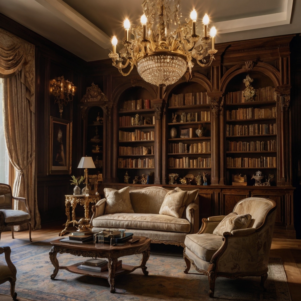 A luxurious living room with antique furniture, softly illuminated to enhance their timeless beauty. The atmosphere feels refined and elegant.