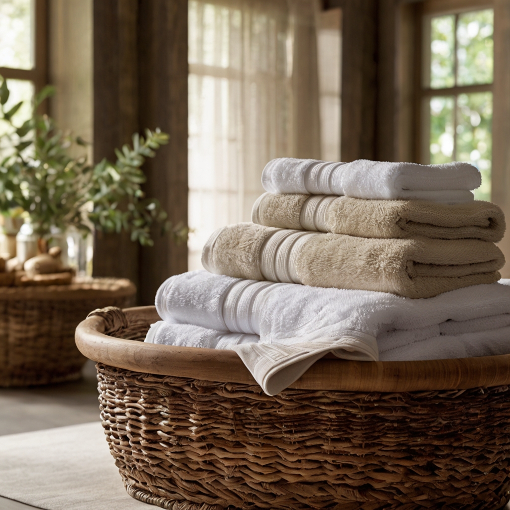 Luxurious towels are elegantly displayed in a rustic basket, creating a spa-like ambiance. Soft, warm lighting highlights their plush textures and coordinated colors.
