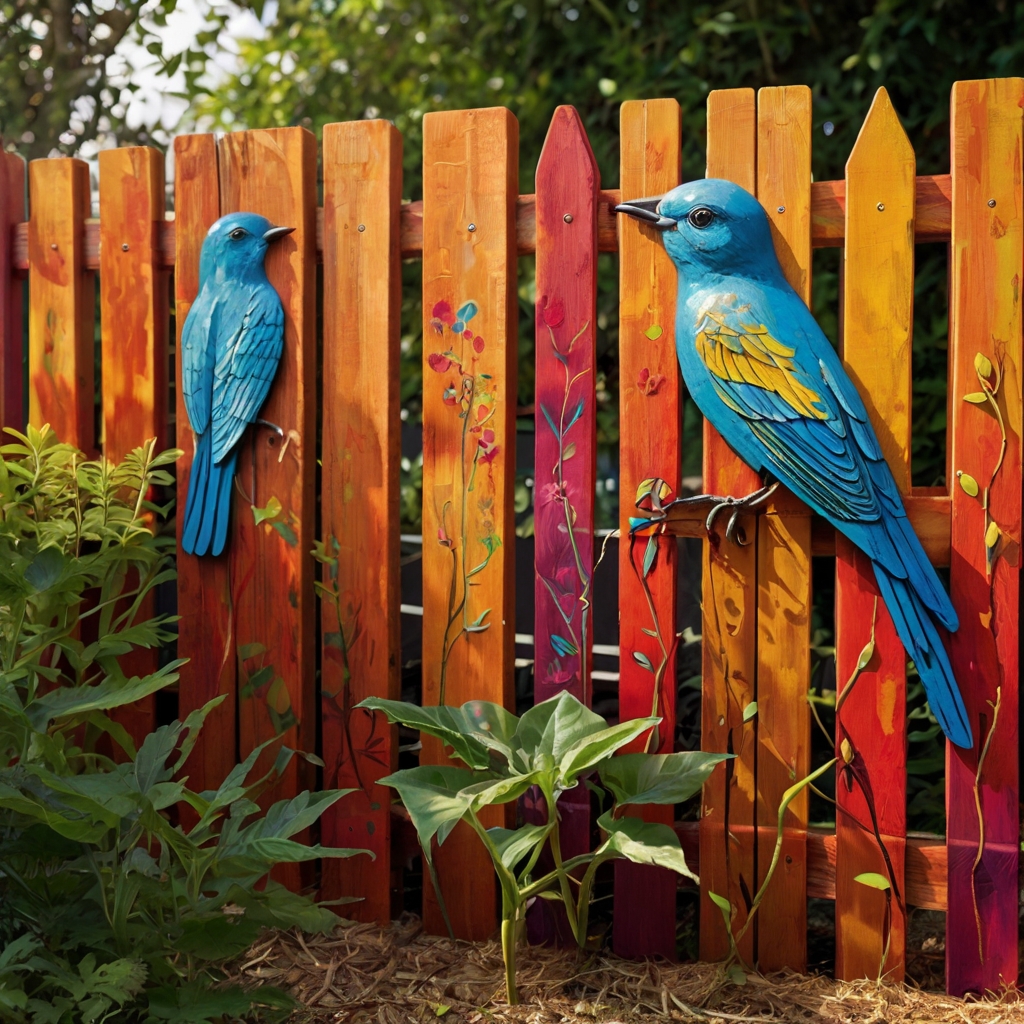 Vibrant murals painted on wooden fences showcase abstract garden art. Bold strokes and nature themes brighten backyard borders.