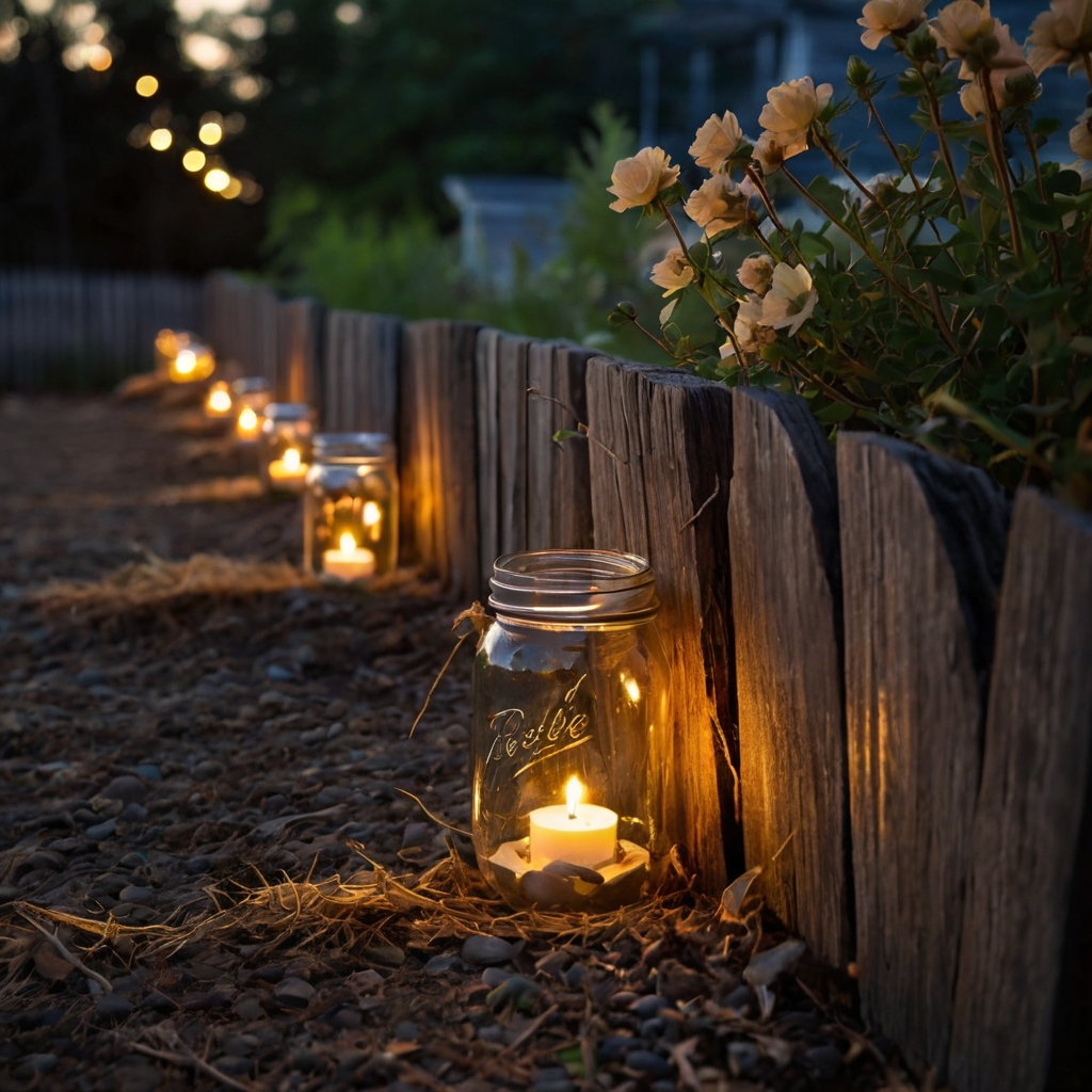 Mason jar sconces with tealights glow on weathered backyard fences. Candlelight throws shadows across gravel and wood at dusk.