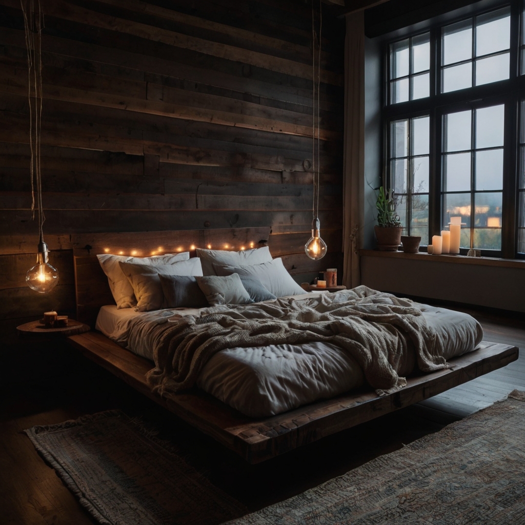 Realistic floating bed hovering subtly over dark hardwood floors under rustic beams. Hidden lights under the bed create a magical nighttime levitation effect.