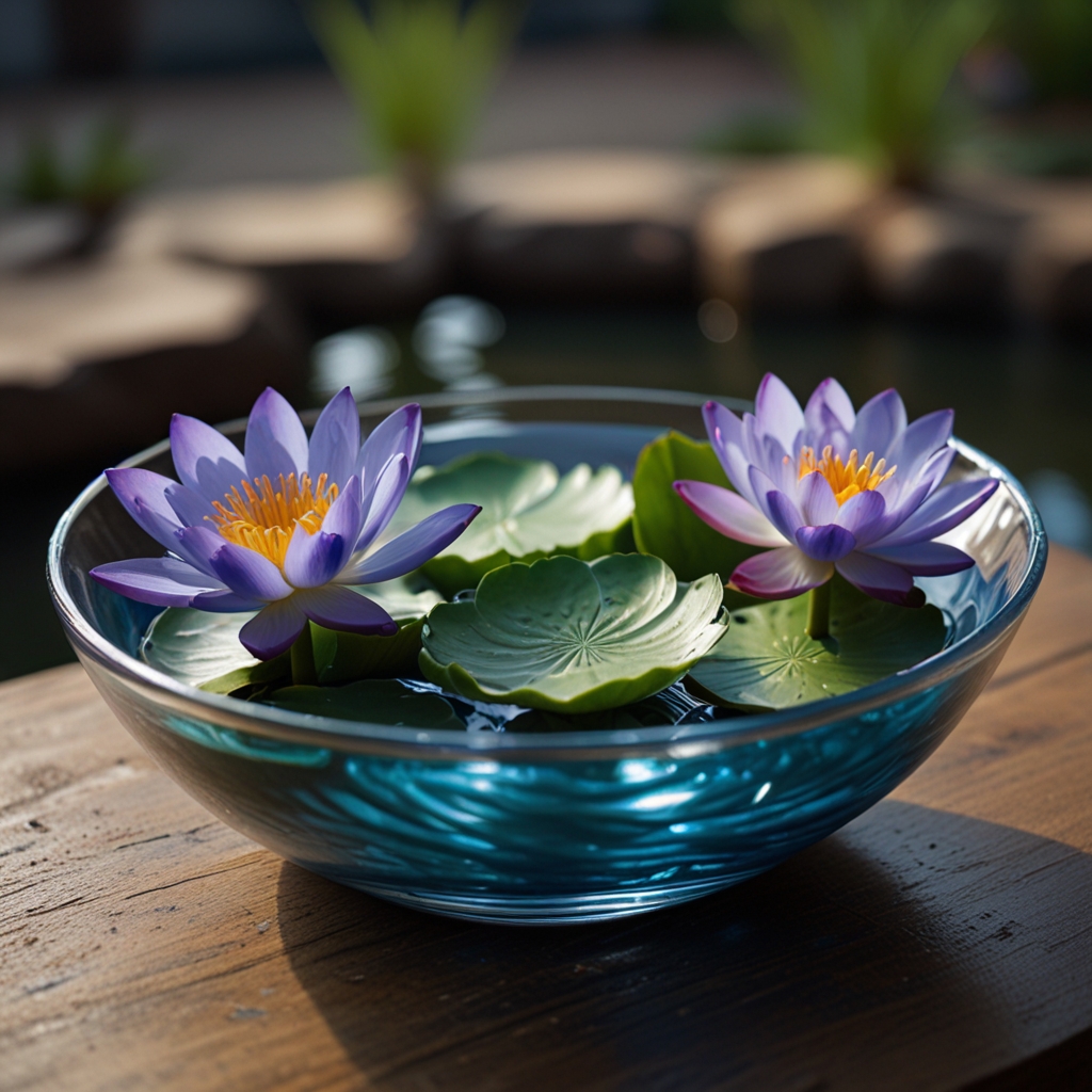 Blue lotus blooms float serenely in clear glass bowls, water ripples shimmering beneath the petals. The mood feels tranquil and airy, captured in close, peaceful intimacy.