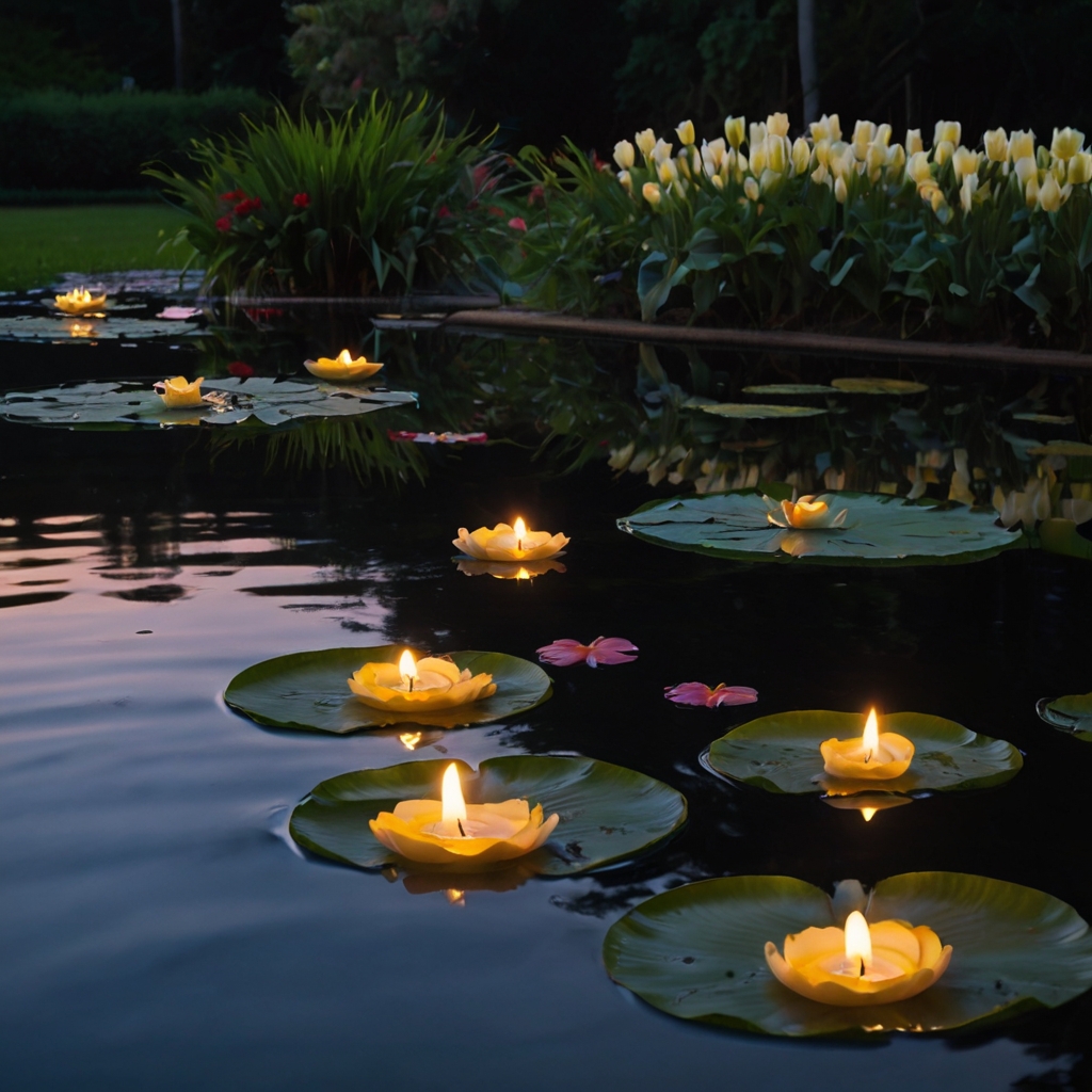 Glass bowls float candles among flower petals on still water. Gentle light reflects near hammocks under twilight skies.