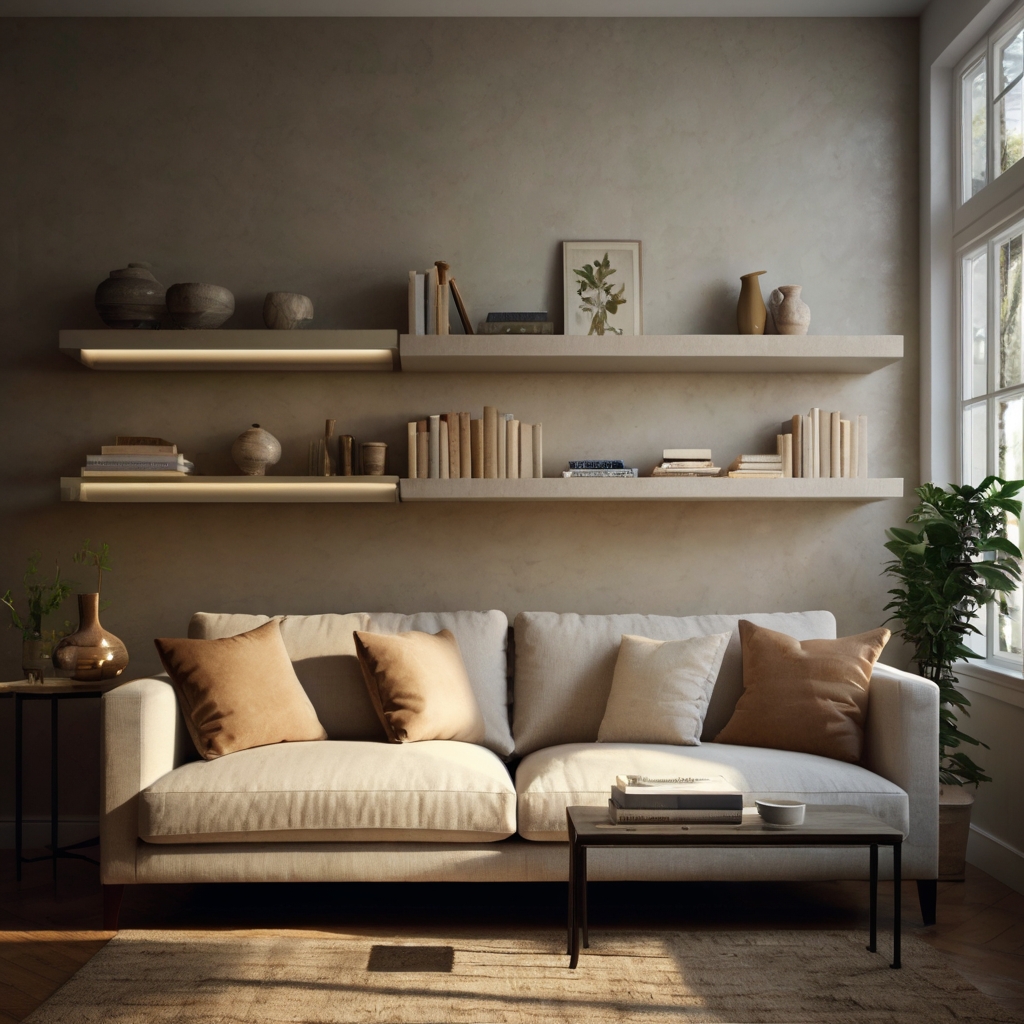 Modern living room with floating shelves displaying books and decor against light walls. Soft lighting enhances a minimalist, airy atmosphere.