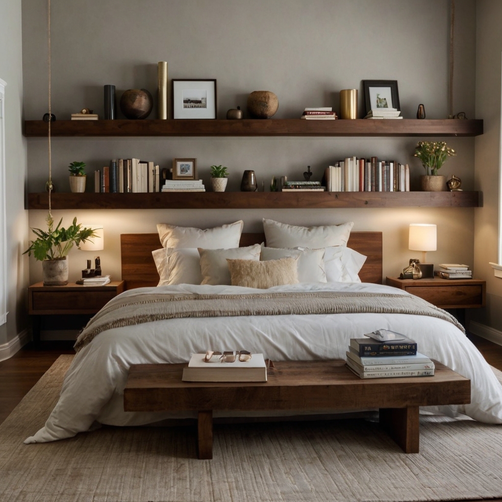 Floating bookshelves above a padded headboard hold books under warm wall sconces. Cozy bedding and soft morning light add comfort.