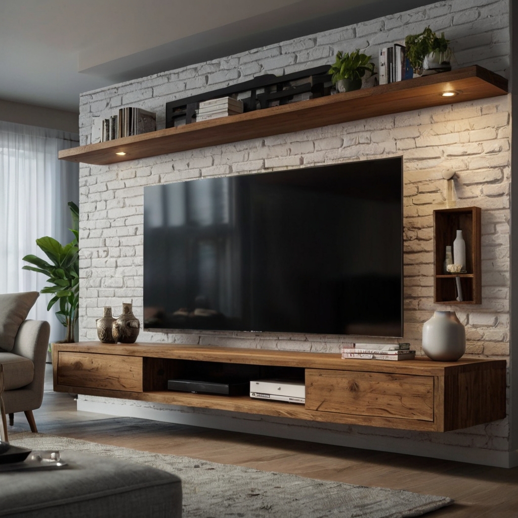 Minimal floating TV unit mounted against a bare modern wall. Clean, space-saving design keeps open-plan living rooms light and airy.