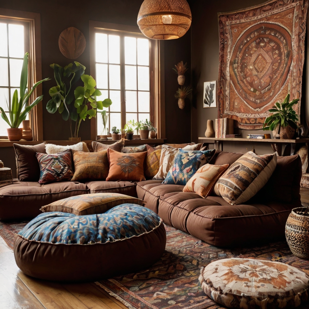 Playful boho space with chocolate sectional and patterned floor cushions. Relaxed layout with layered texture charm.