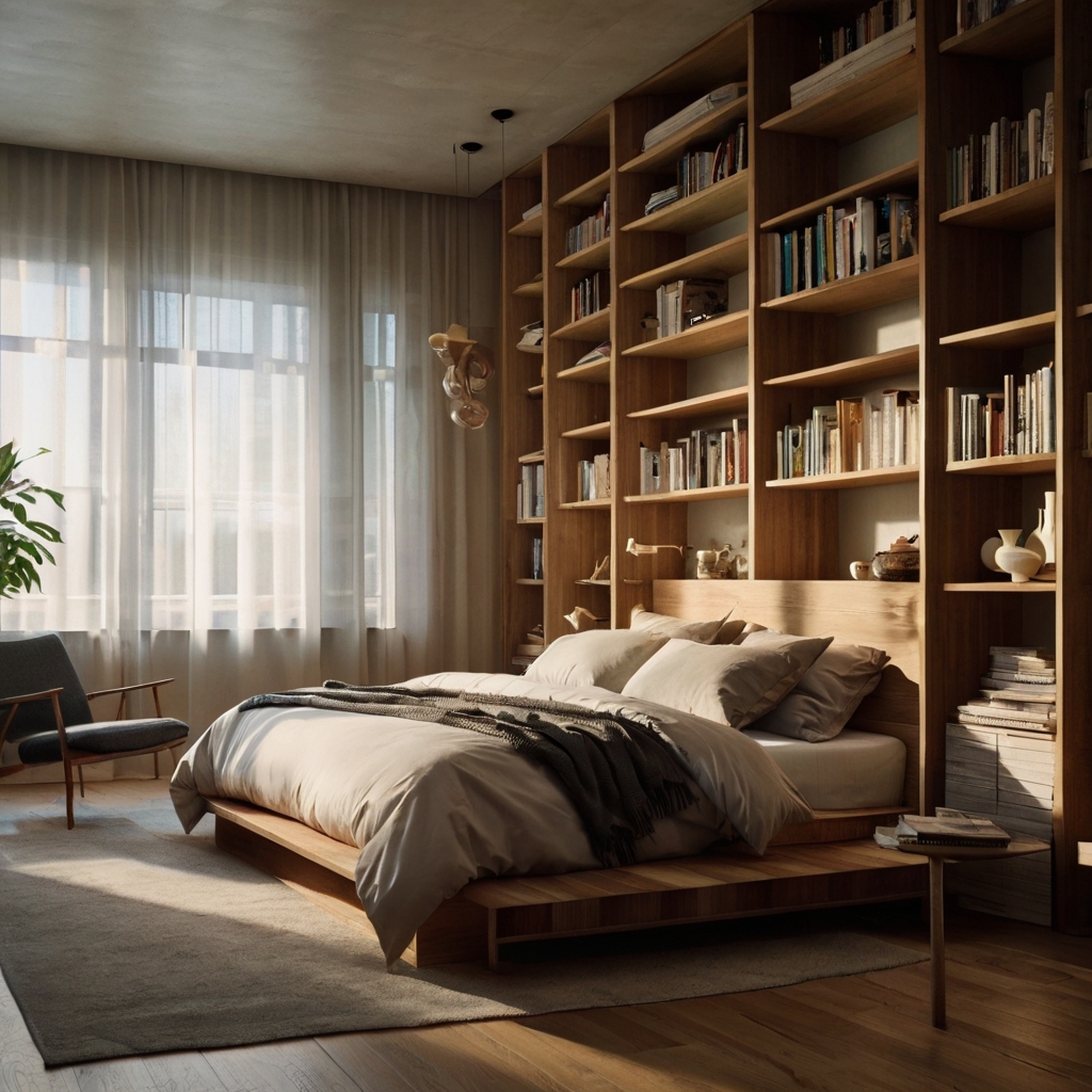 A tall shelf divides bedroom and workspace, sunlight casting linear floor shadows. Natural materials create a calm, open feel.